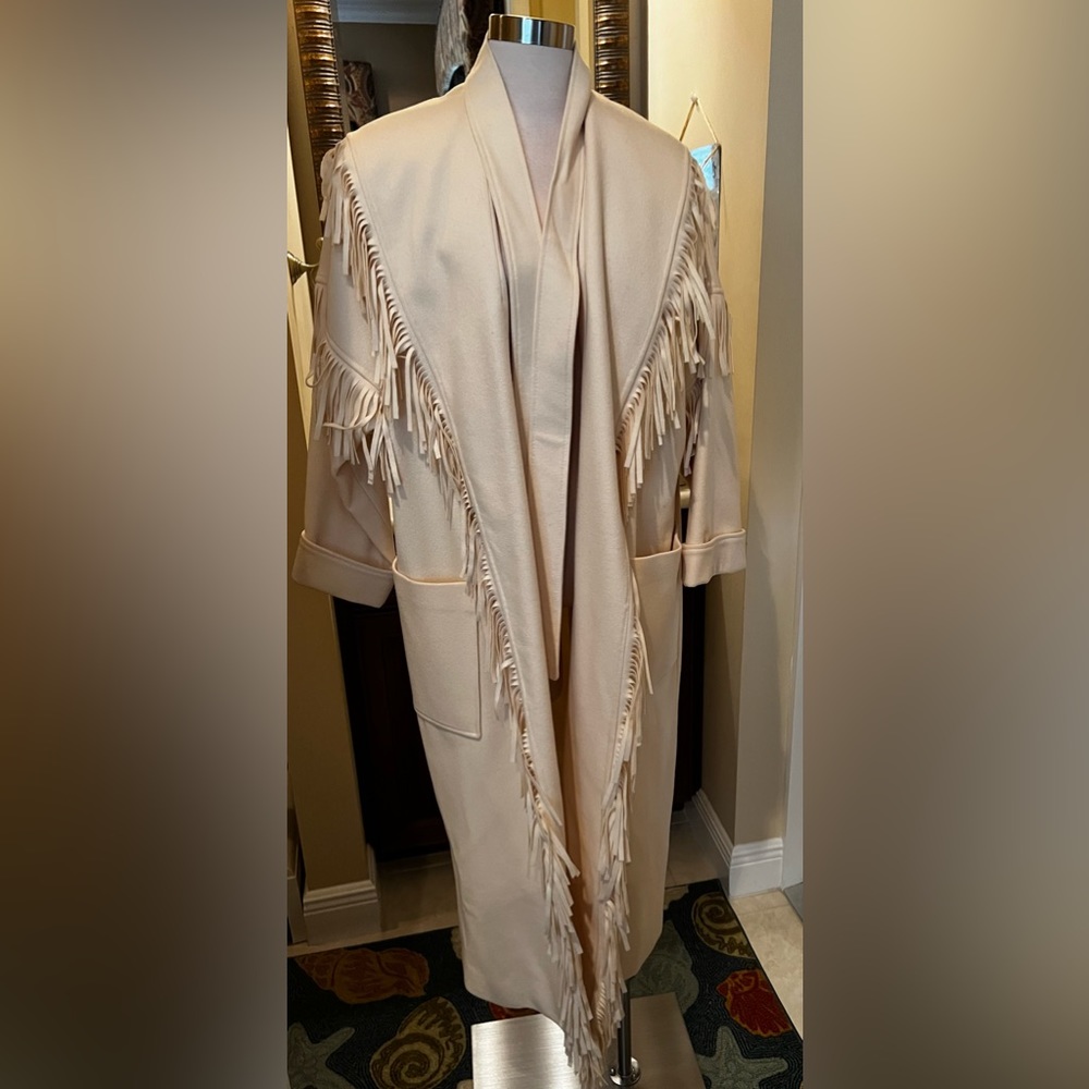New York Milano Ultimate Moda off White Wool Fringed Hooded and Belted coat
